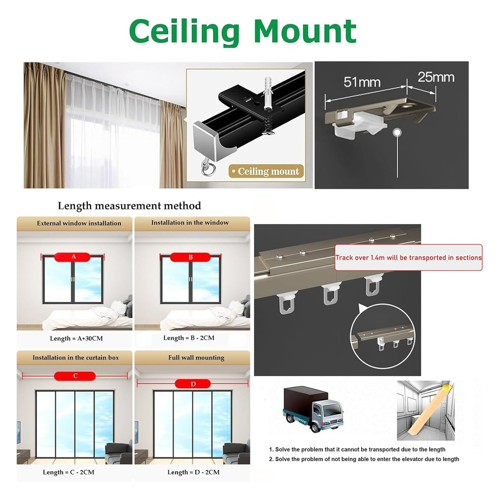 Riel de cortina de techo, riel individual para montaje en techo o pared, rieles de cortina resistentes para sala de estar, dormitorio, divisor de habitación, fácil instalación (negro, 300 cm