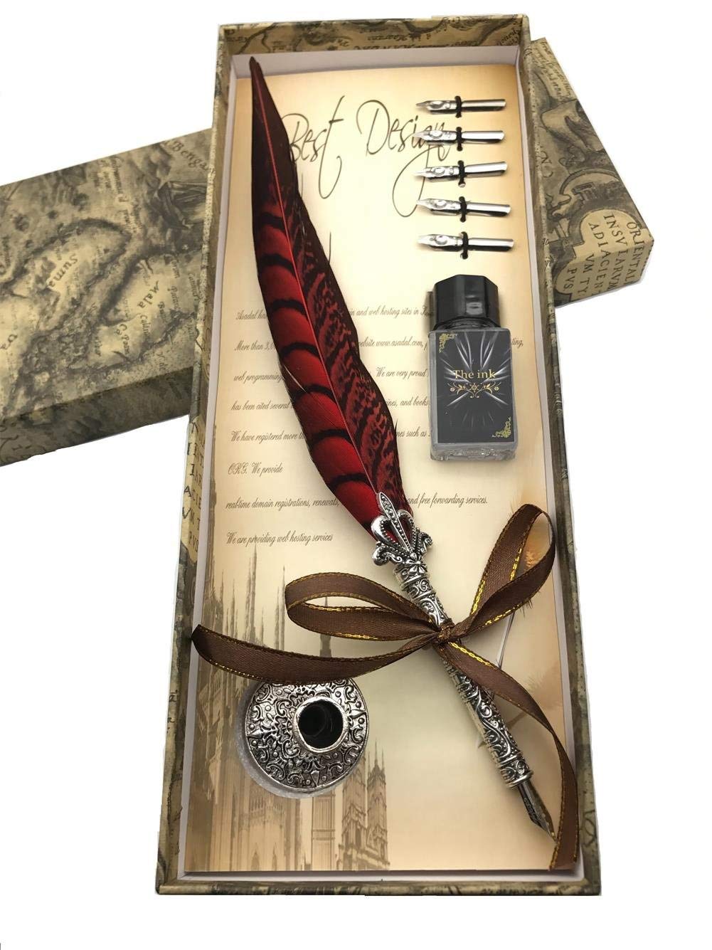 Ziv Calligraphy Feather Pen -Vintage Quill Feather Pen Ink Set with 5 Extra metal Nibs and Ink Calligraphy Writing Pen 100% Hand Craft(Black+Red)