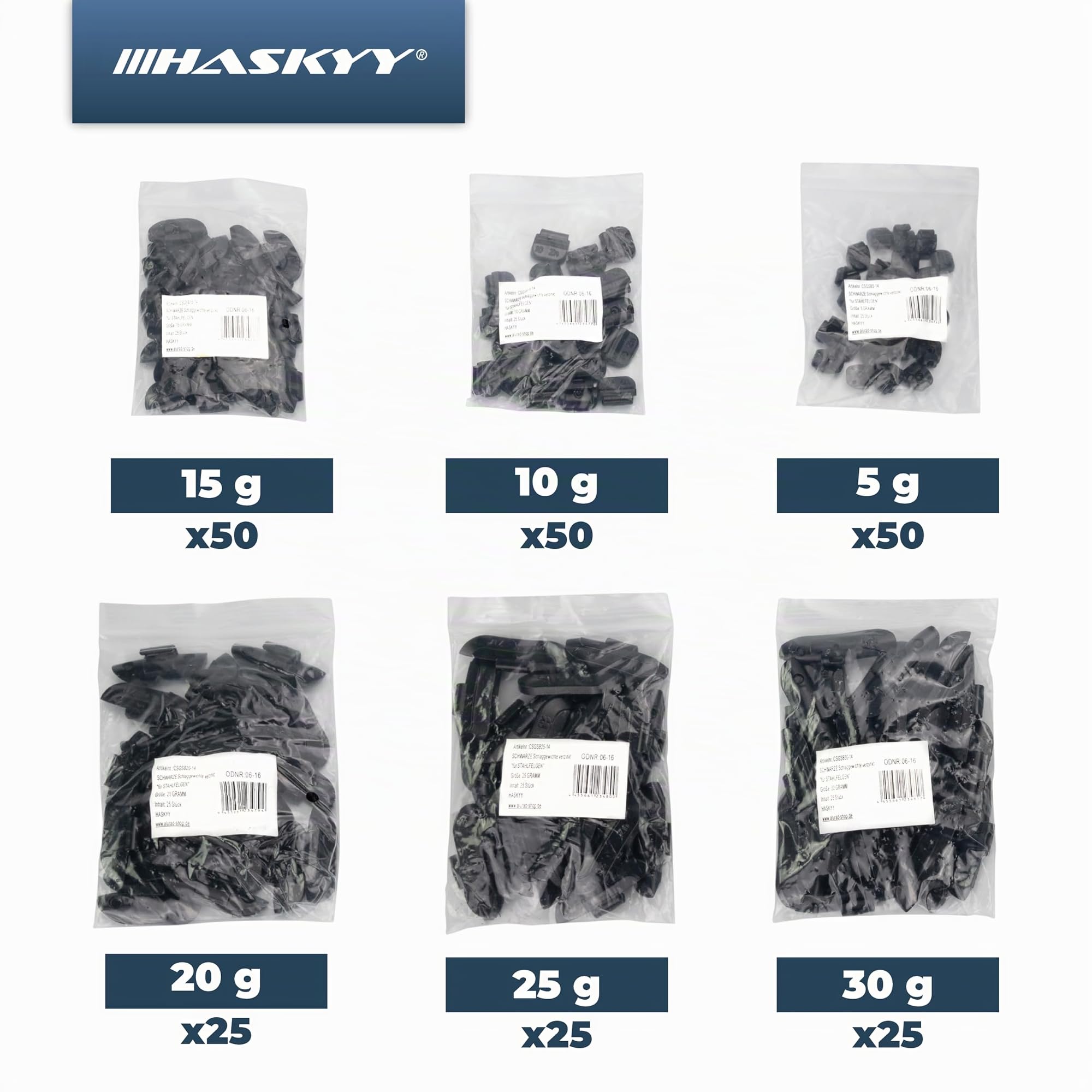 HASKYY Contrapesos de percusión, contrapesos de equilibrio, surtido de 225 unidades de 5-30 g para llantas de acero, negro