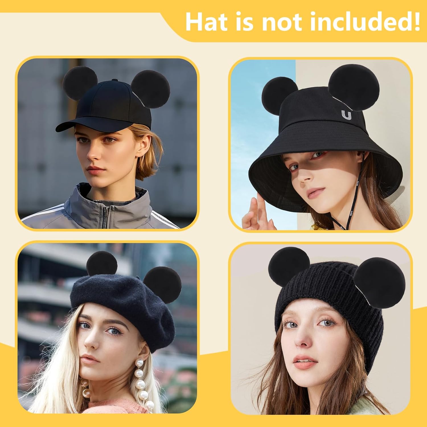 4Pcs Magnetic Mouse Ears for Hats – 3.5" Black Plush Magnetic Ears for Baseball Caps, Trucker Hats, Hoodies – Detachable Hat Accessories for Theme Parks, Halloween, Christmas, Birthday Parties - Image 3