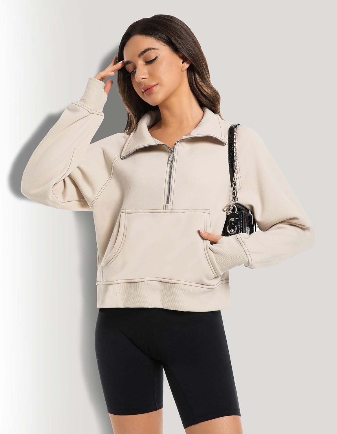 Womens Sweatshirts Half Zip Cropped Pullover Fleece Quarter Zipper Hoodies Fall Fashion Outfits Clothes - Image 6