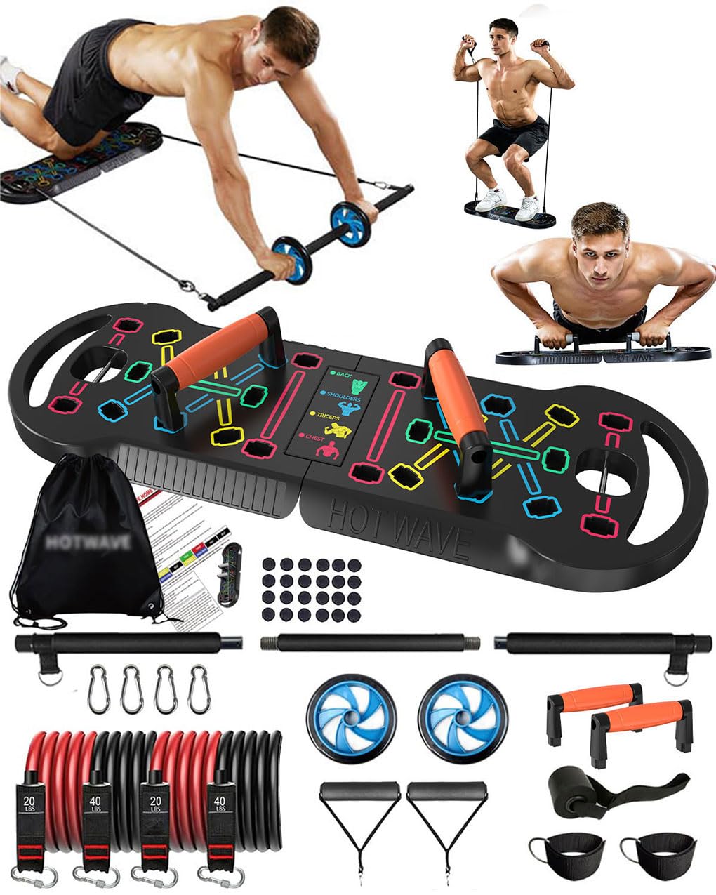 Portable Exercise Equipment with 16 Gym Accessories.20 in 1 Push Up Board Fitness,Resistance Bands with Ab Roller Wheel,Full Body Workout at Home,Patent Pending