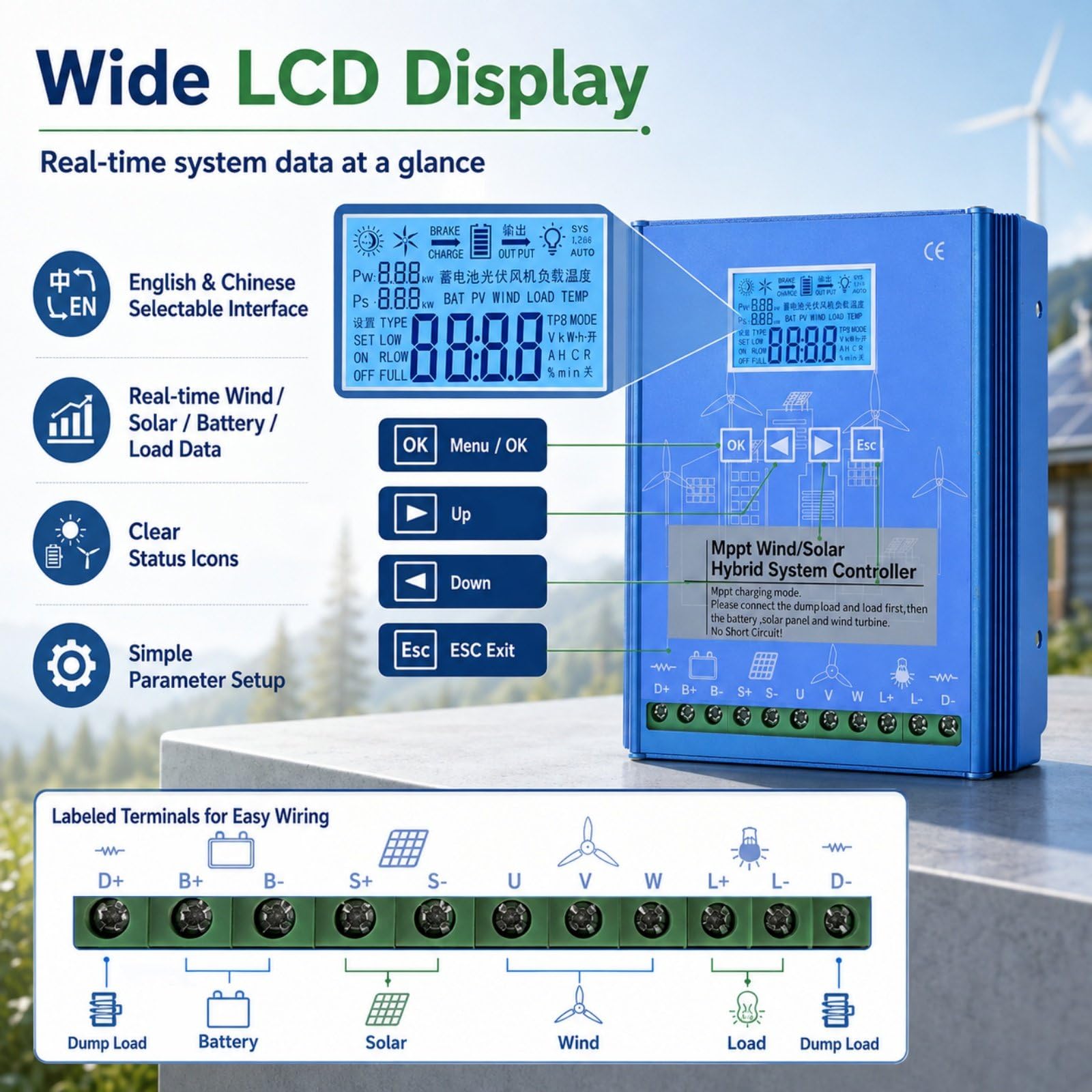 15000W Regolatore Eolico Solare, Carica Ibrida MPPT 12V/24V/48V 24V/15000W | Doppia Alimentazione, Corpo in Alluminio, Display LCD per Casa, Barca, Illuminazione Esterna