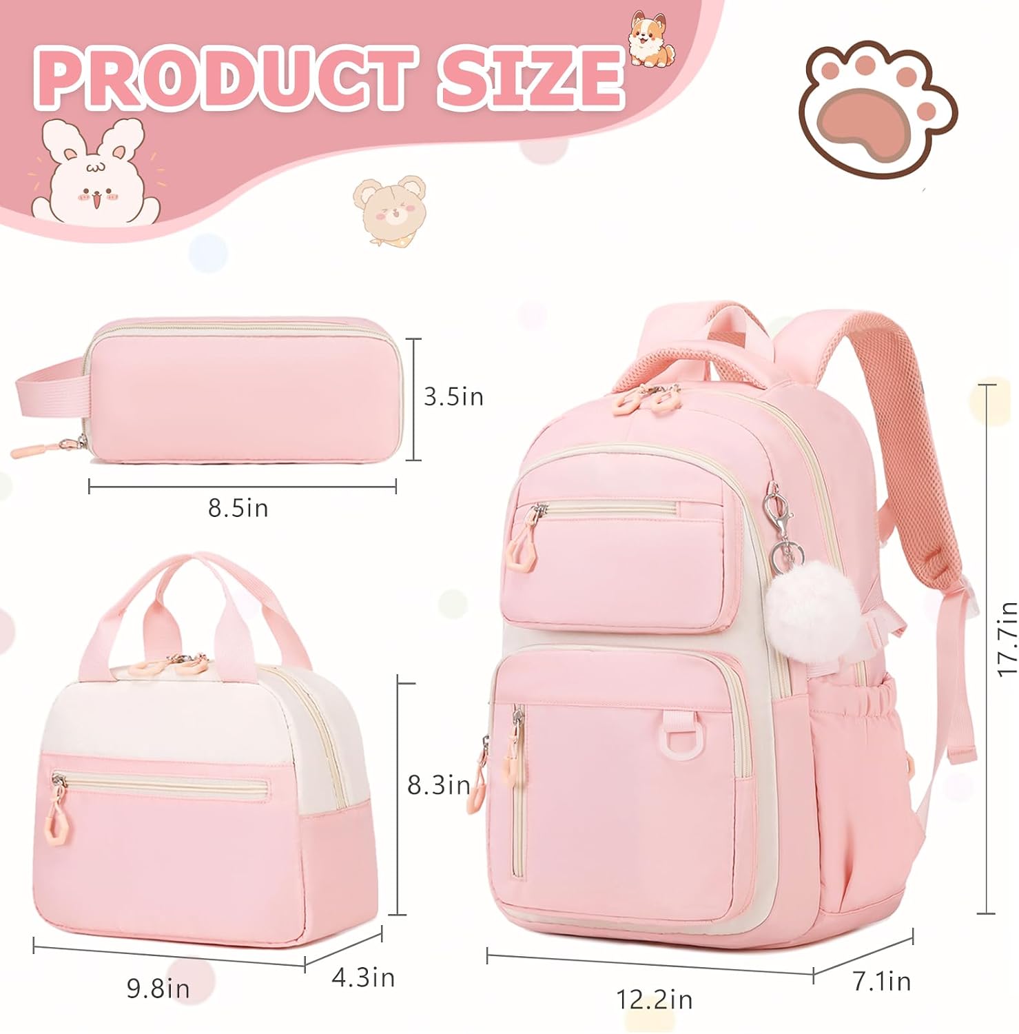 Bevalsa Backpack for Gilrs, School Bags for Kids with Lunch Bag & Pen Case, Bookbag for Girls Children Teens for Elementary Middle High school College Student with Cute Pins (Beige Pink)