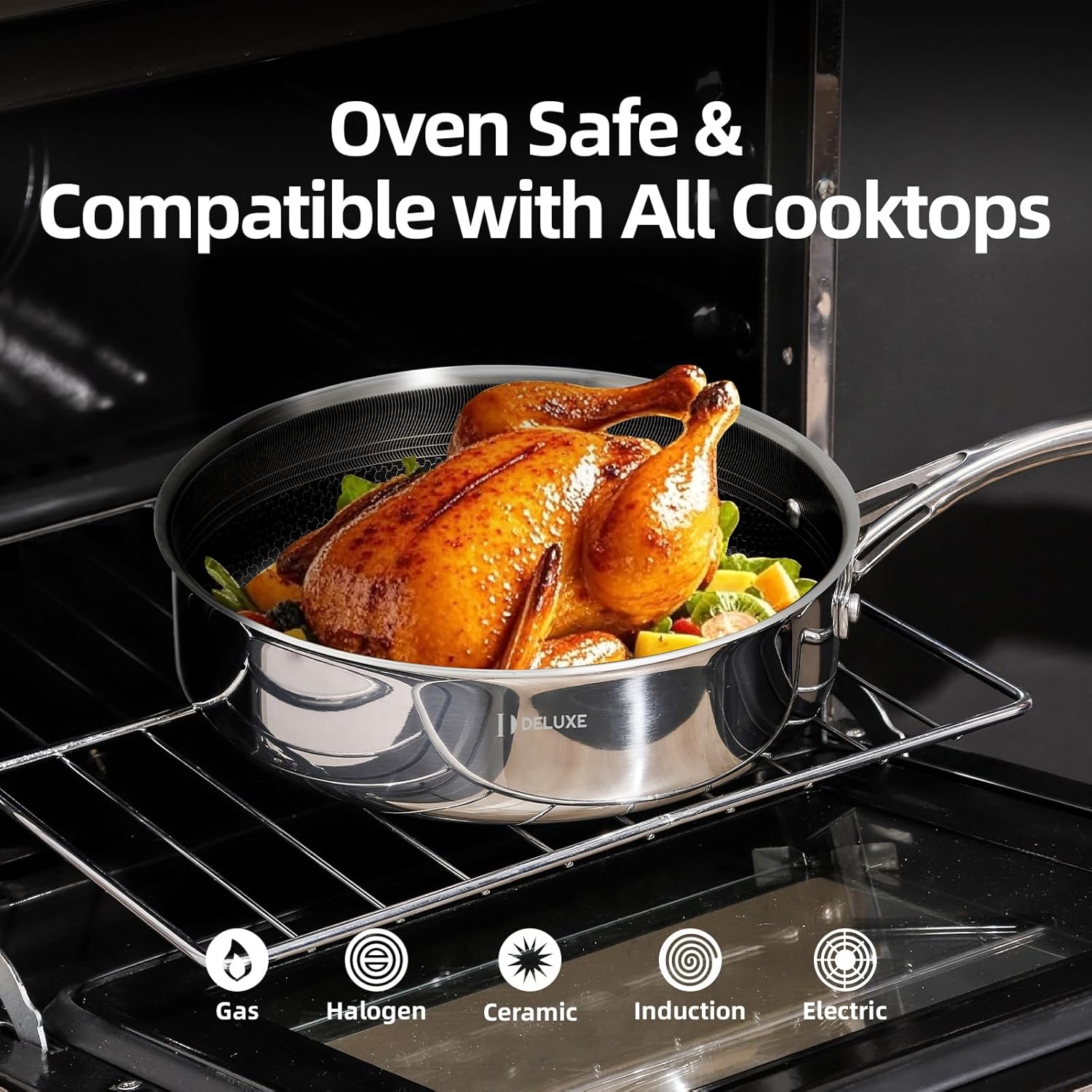 DELUXE Hybrid Ceramic Nonstick 5 Qt Deep Sauté Pan with Lid, Stainless Steel Skillet with Stay-Cool Handles, Dishwasher and Oven-Safe, PFOA Free Deep Frying Pan, Compatible with All Cooktops - Image 7