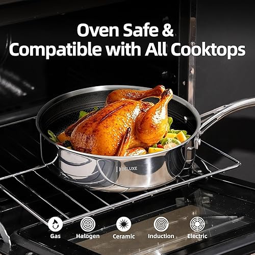 Miniatura 7 de DELUXE Sartén de cerámica híbrida antiadherente de 5 cuartos de galón con tapa, sartén de acero inoxidable con asas que se mantienen frías, apta