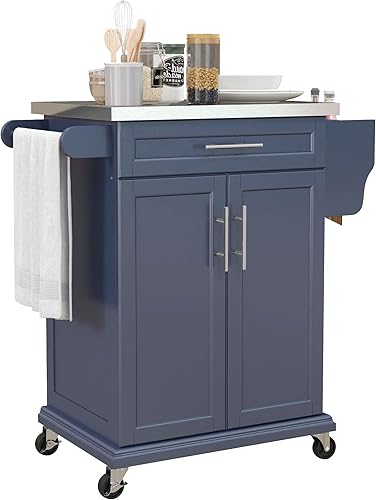 Miniatura 10 de HOMCOM Isla de cocina sobre ruedas, carrito de cocina rodante con encimera de acero inoxidable, cajón, toallero y estante de especias, carrito de