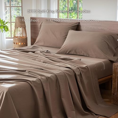 Miniatura 2 de MooMee Juego de sábanas 100% algodón lavado con textura parecida al lino transpirable duradero suave cómodo (marrón, individual)