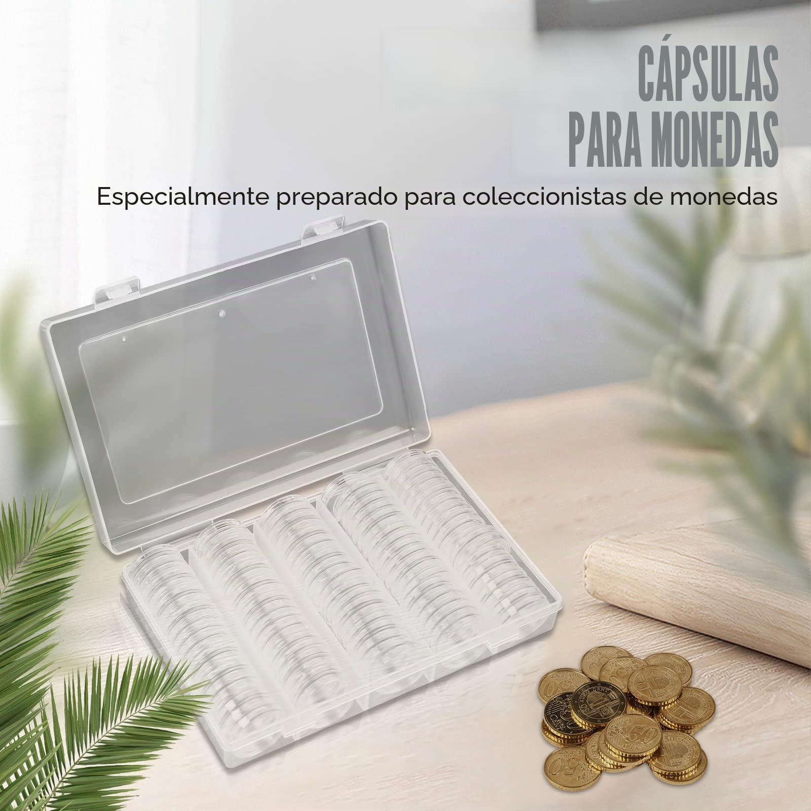 200 cápsulas de 26 mm para monedas de 2 euros con caja de almacenamiento de plástico transparente para piezas especiales y coleccionables