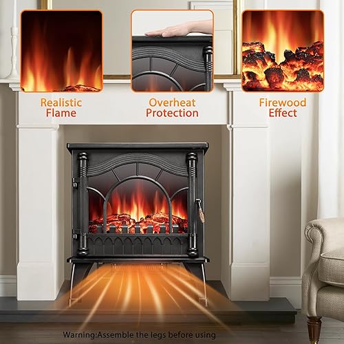 Miniatura 4 de Xbeauty Estufa eléctrica con llama realista, calentador de chimenea independiente infrarrojo, portátil, diseño retro, termostato, seguridad de