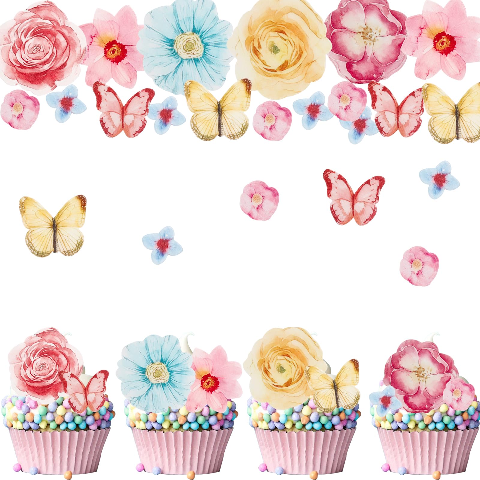 ENLACE Essbare Schmetterlinge Blumen Tortendeko, 50 Stück Essbare Blumen für Torte, Esspapier Tortendeko Blüten Essbar, Cupcake Deko Schmetterling Blüten für Geburtstag, Hochzeit, Babyparty
