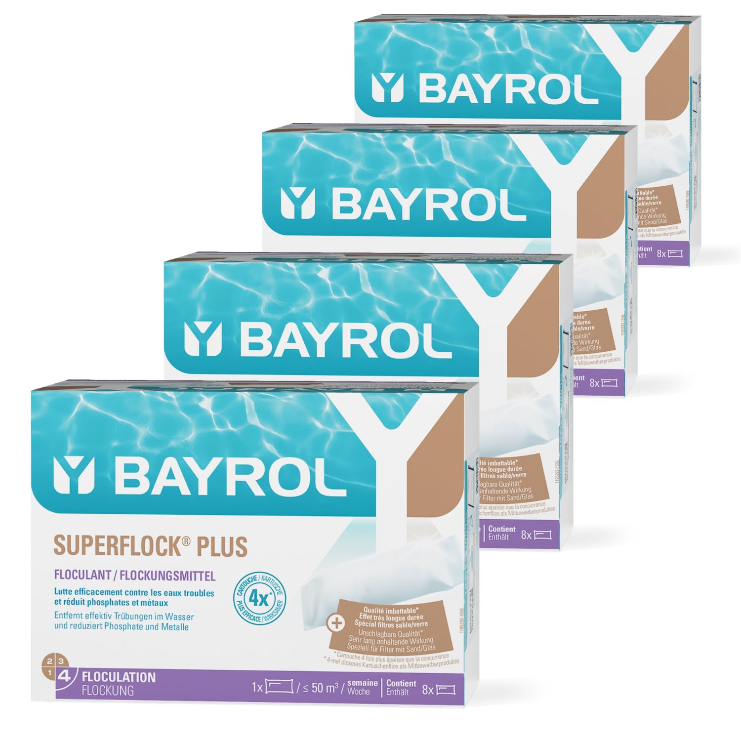BAYROL Superflock Plus 4 x 1 kg - Flockungsmittel Pool für Sandfilter/Filterglas - Flockkartusche Pool - Macht das Wasser kristallklar