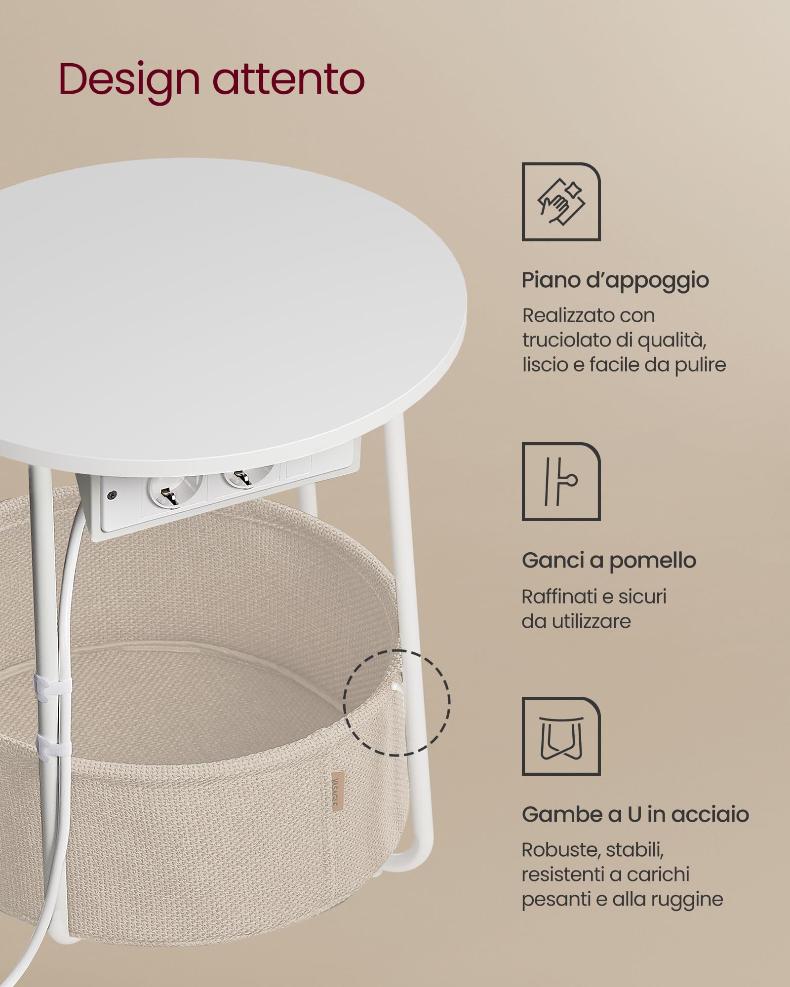 SONGMICS HOME Tavolino, Comodino, 3 Ripiani, Cestino in Tessuto, per Camera da Letto, Soggiorno, Struttura in Acciaio, 30 x 34 x 58 cm, Moderno, Noce Naturale LET286K01