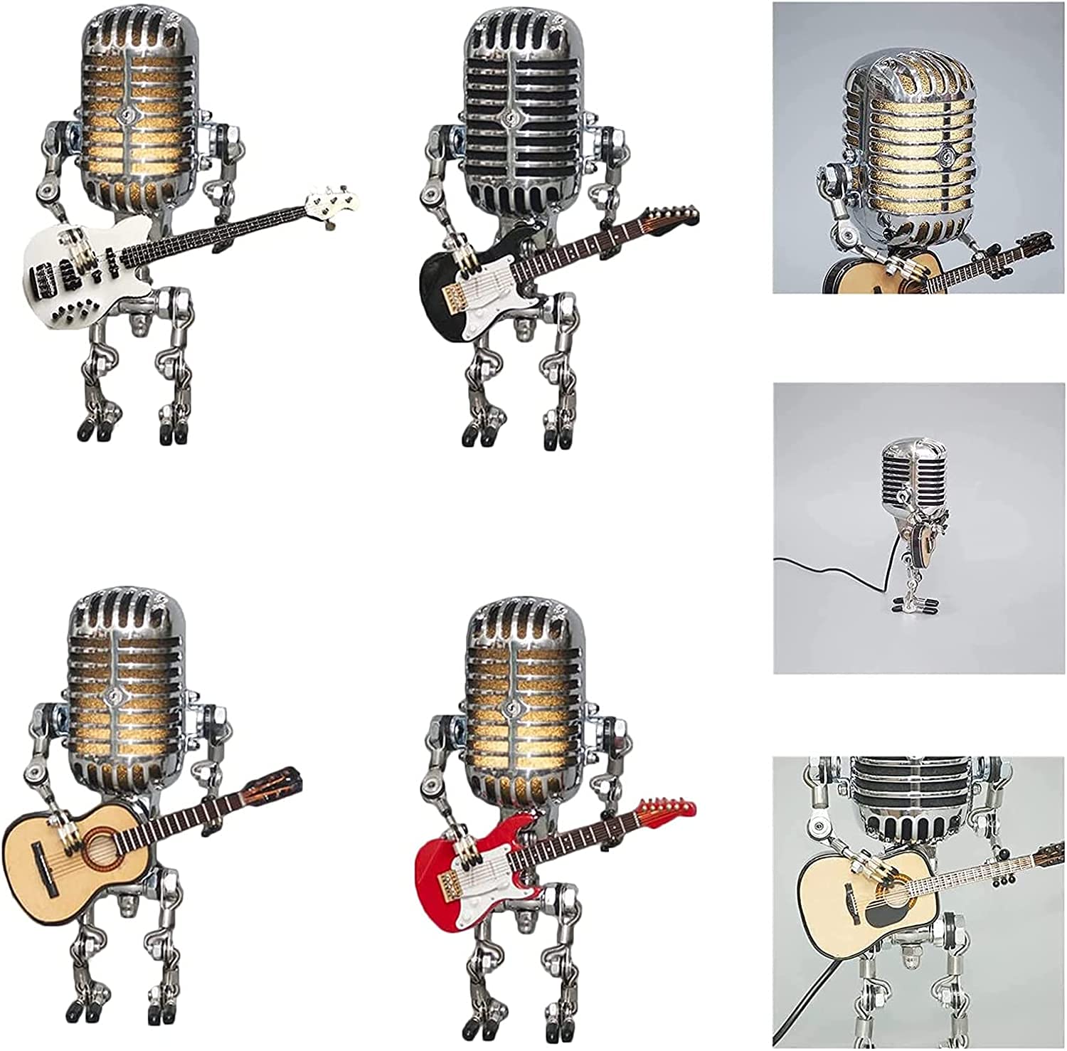 Bonbela Vintage Microfoon Gitaar Robot Tafellamp Aluminium Retro Metalen Robot Nachtlampje voor Slaapkamer Bureau Home Decor (Zwart