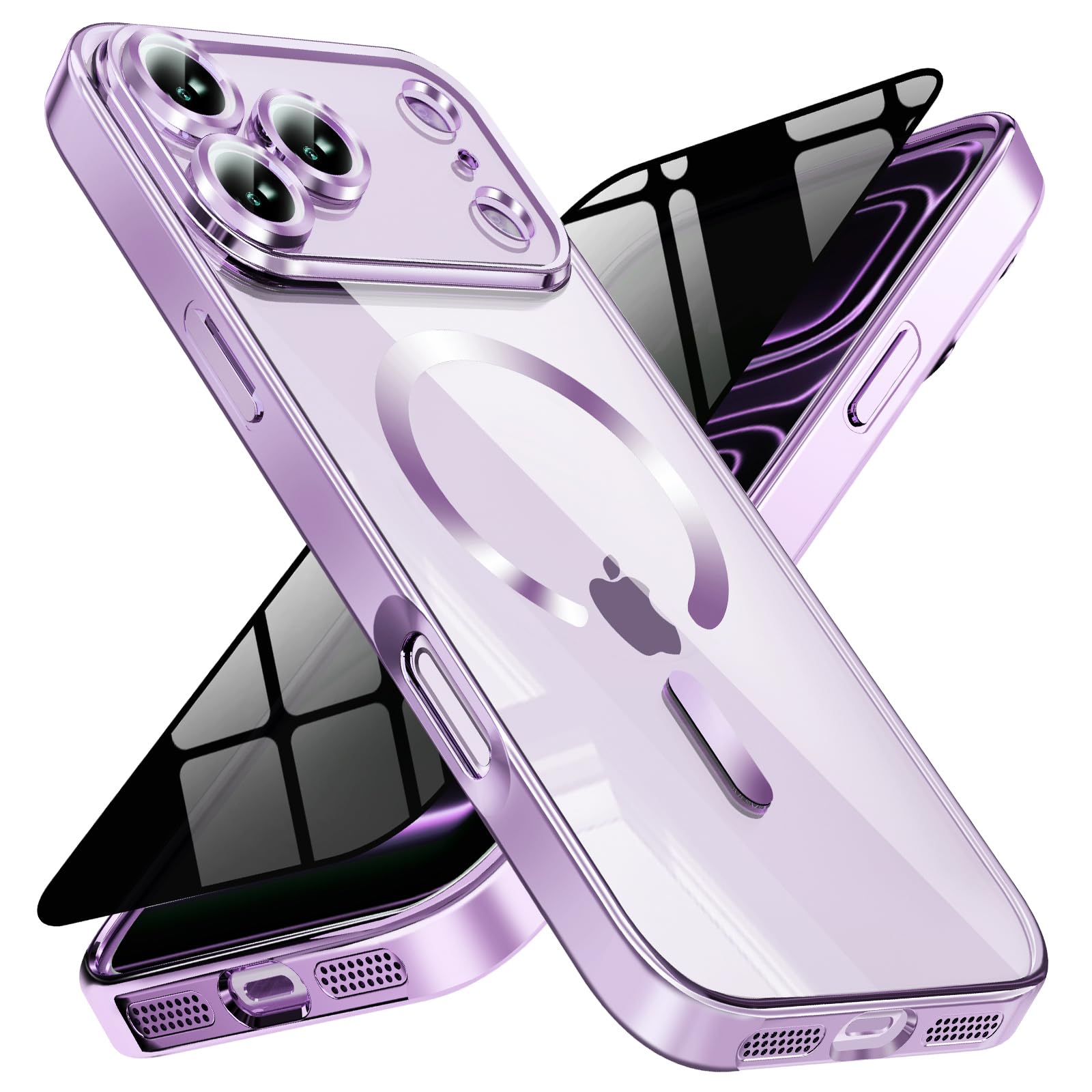 Magnetic for iPhone 17 Pro Max Case with Privacy Screen Protector &amp; Full Camera Cover,[Non-Yellowing] Shockproof Clear Phone Case Compatible with MagSafe Women Girls for iPhone 17 ProMax,Purple
