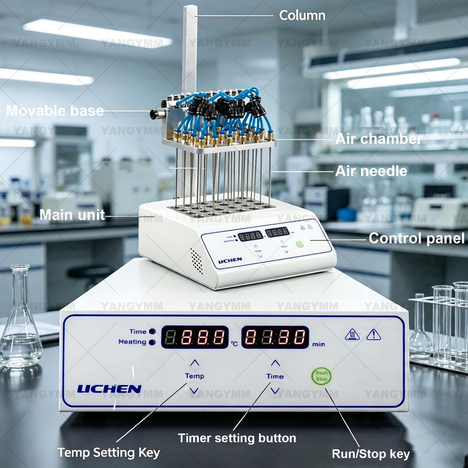 Concentrador De Muestras De Nitrógeno (Sistema Seco) – Unidad de Soplado De Nitrógeno Seco (12/24 Ranuras) 24Módulos | Instrumento de laboratorio de purga de nitrógeno de altura ajustable, con pantalla LCD