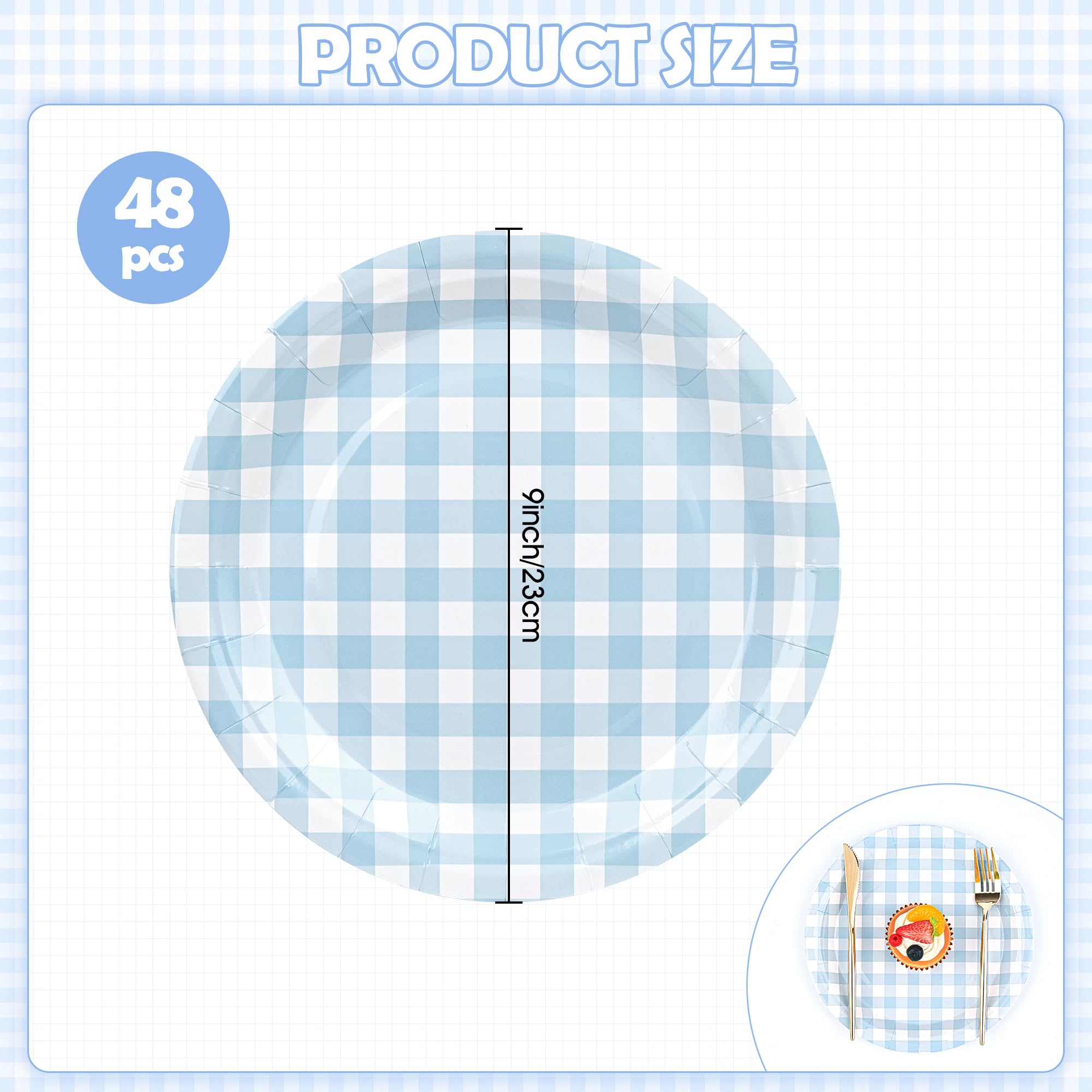 48 platos de papel azul a cuadros desechables de 9 pulgadas, platos decorativos para servir postres, para baby shower, boda, fiesta de cumpleaños