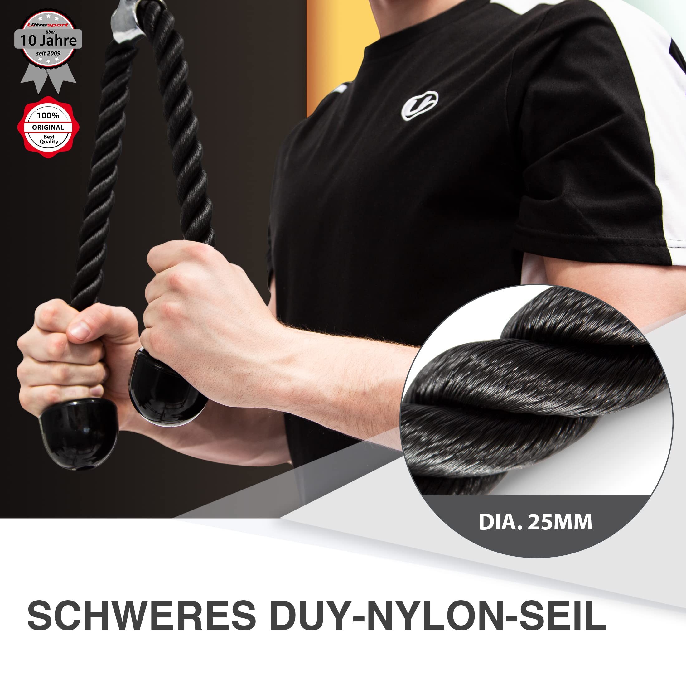 Ultrasport Griffe-Set, bestehend aus Rudergriff und Trizeps-Seil, Ergänzung zu Power Rack mit Seilzugsystem, um deren Workout-Varianten zu erweitern, mit rutschfesten Griffen, Schwarz/Silber