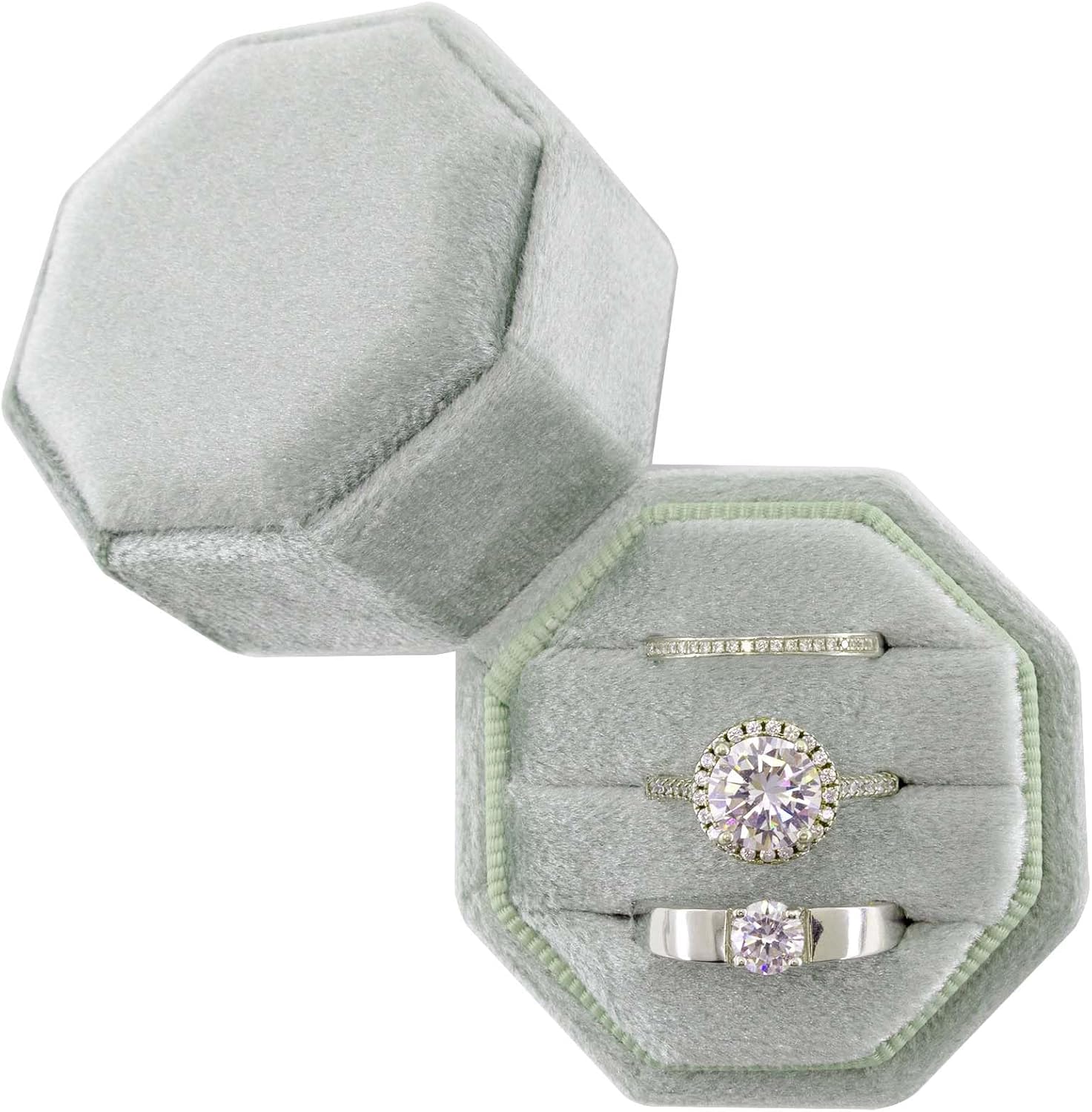 Velvet 3 Slots Ring Box Wedding Day - Octagon Premium Handmade Three Rings Slot Bearer Storage for Wedding Ceremony, Proposal, Engagement, Photography (Sage Green)
