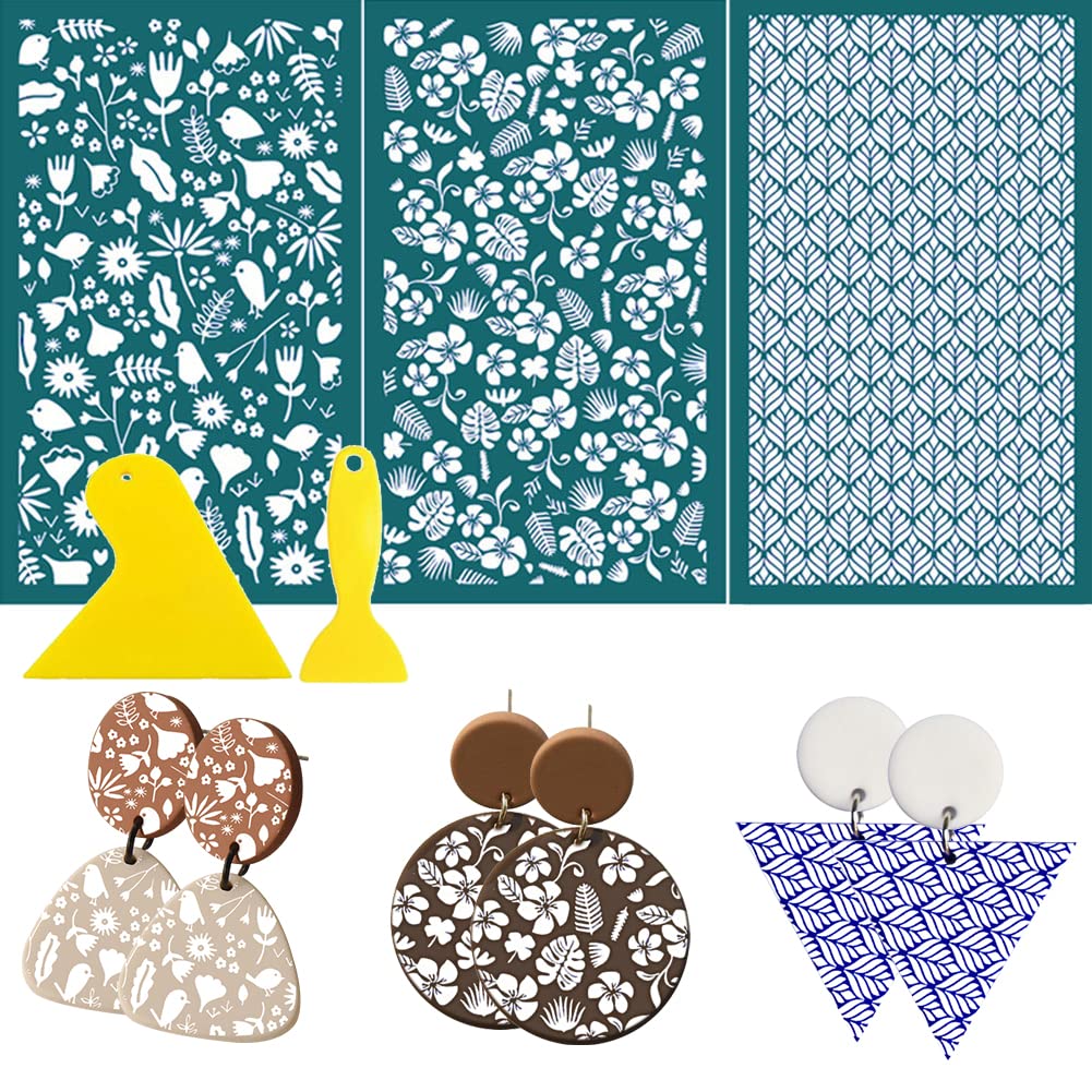 3PCS Screen Printing and 2Pcs Scrapers Polymer Clay Tools Silkscreen Print Kit, Reusable Silk Screen Stencils for Polymer Printing on Clay & Jewelry Earrings Decoration (Type 3)