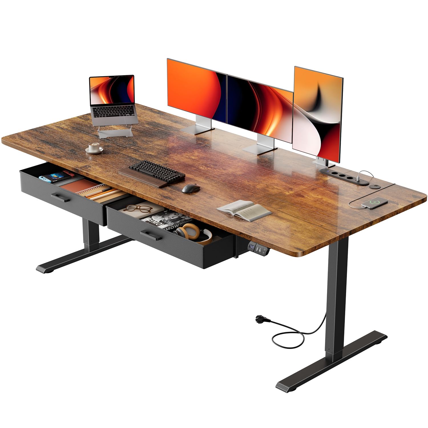HLONONE Höhenverstellbarer Schreibtisch, Standing Desk mit Schubladen, Elektrisch