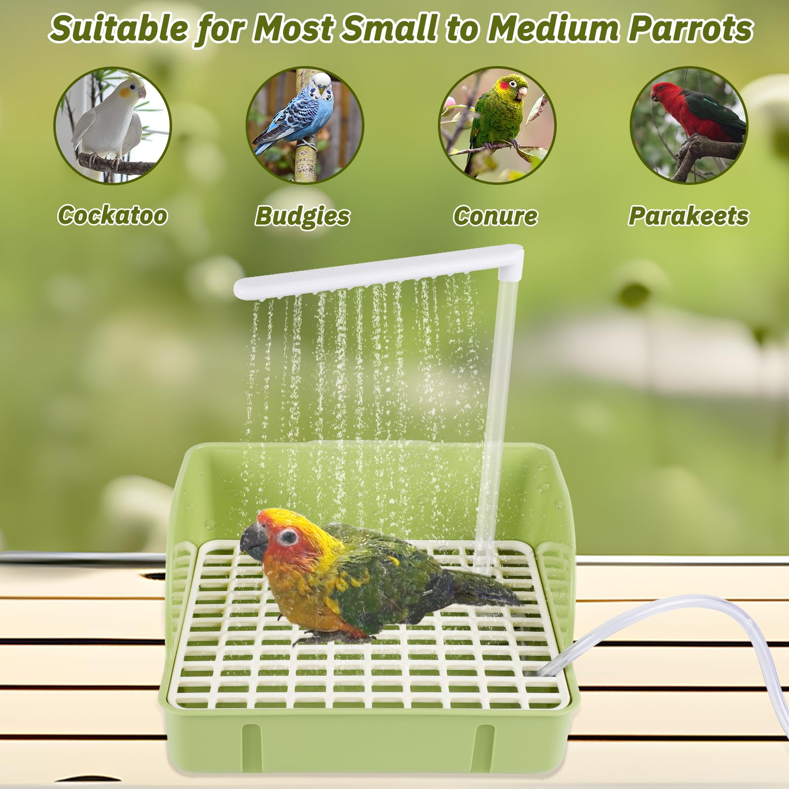 Automatic Bird Bath with Pump, Parrot Bathtub with Anti-Bite Cord Protector, USB Electric Large Bird Bathtub Circulating Water Bird Shower for Parakeet Cockatiel African Grey Lovebird(Green) - image 8