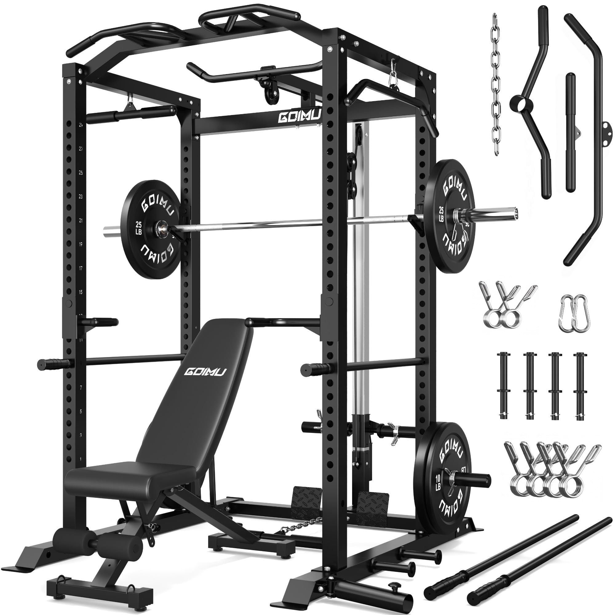 C1-V4 Power Cage, 2000LBS Squat Rack with LAT Pulldown, Multi-Function Weight Cage Strength Training Machine, Workout Cage with More Attachments for Home Gym Garage