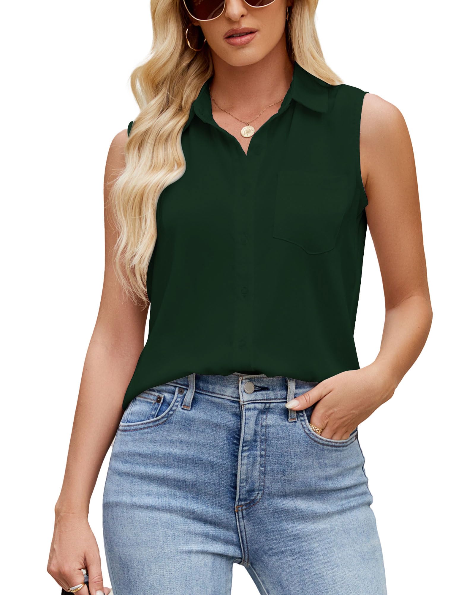 Spring SEAON Womens Sleeveless Button Down Shirt Classic Collared Blouse Basic Tank Tops Work Office Satin Tops