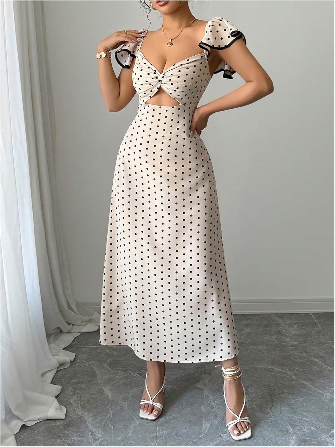 Floerns Women's Polka Dots Off Shoulder Elegant Dress Cutout Twist Knot A Line Party Date Night Maxi Dresses - Image 3