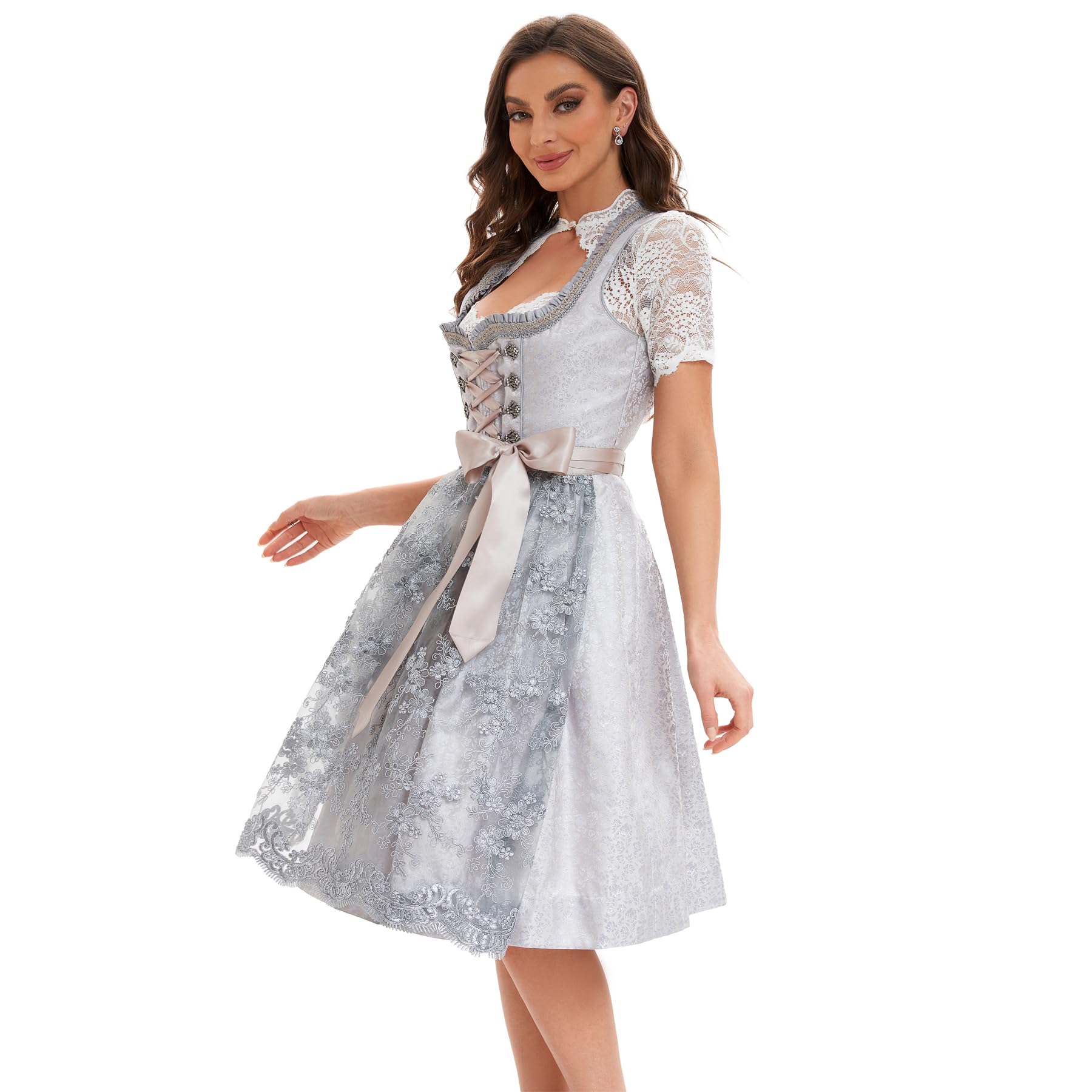 Goxozzy Dirndl Damen Midi Spitze Trachtenrock mit Dirndlschürze für Oktoberfest Größen 34-44 Rocklänge 60cm