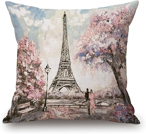 Funda de almohada de la torre Eiffel de París, muebles de patio, amantes románticos, fundas de cojín decorativas de flores rosas, decoración del