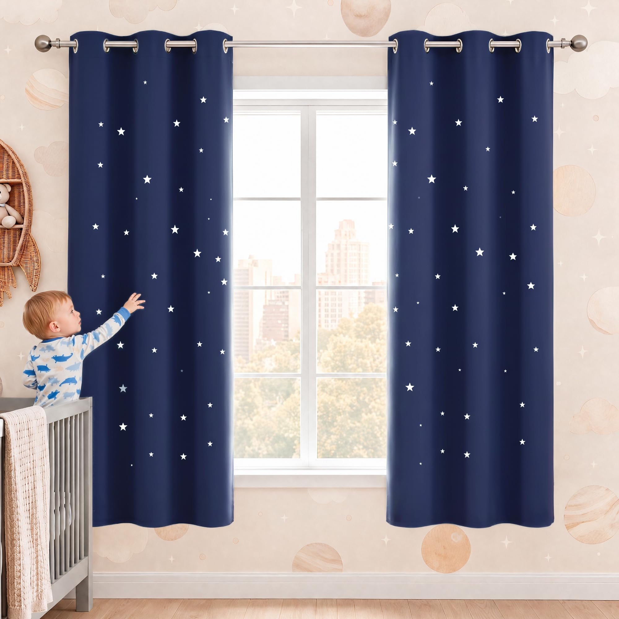 NICETOWN Navy Blue Star Cutout Blackout Curtains for Kids, 1 PC, W42 x L63