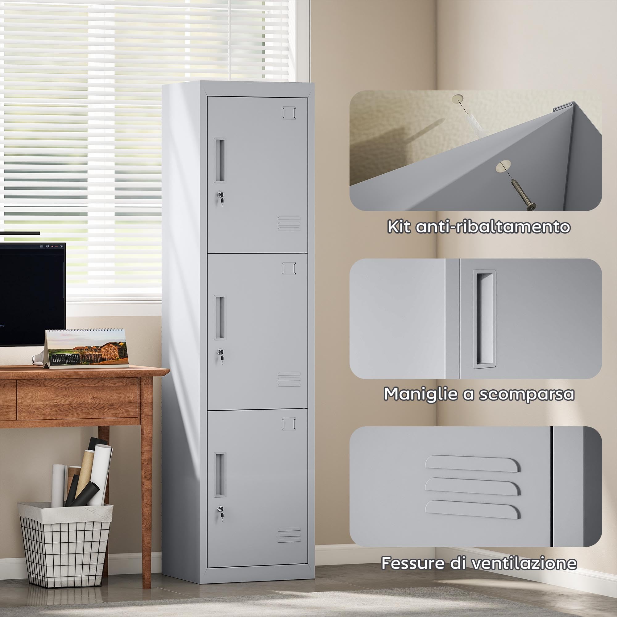 HOMCOM Armadietto per Documenti a 3 Ante e 3 Ripiani in Acciaio, Armadio Ufficio con Serratura Chiavi, Fessure di Ventilazione, Mobiletto Multiuso Portadocumenti, per Casa Ufficio, 45x38x180cm, Grigio