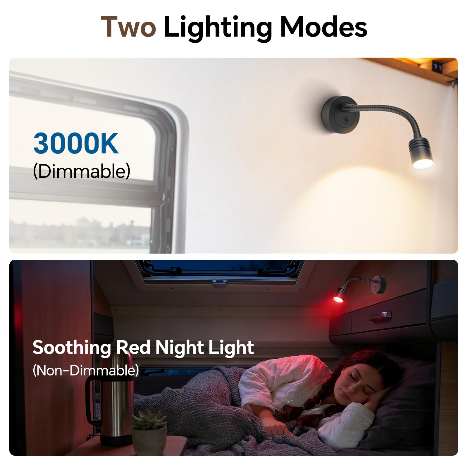 2 x Lampe de Lecture 12V LED Spot 3200K (Dimmable) et Veilleuse Rouge Douce, Équipé de Ports USB-A et USB-C, Flexible Col de Cygne Applique pour Camping-Car Bateau Caravane Voiture (Noir)