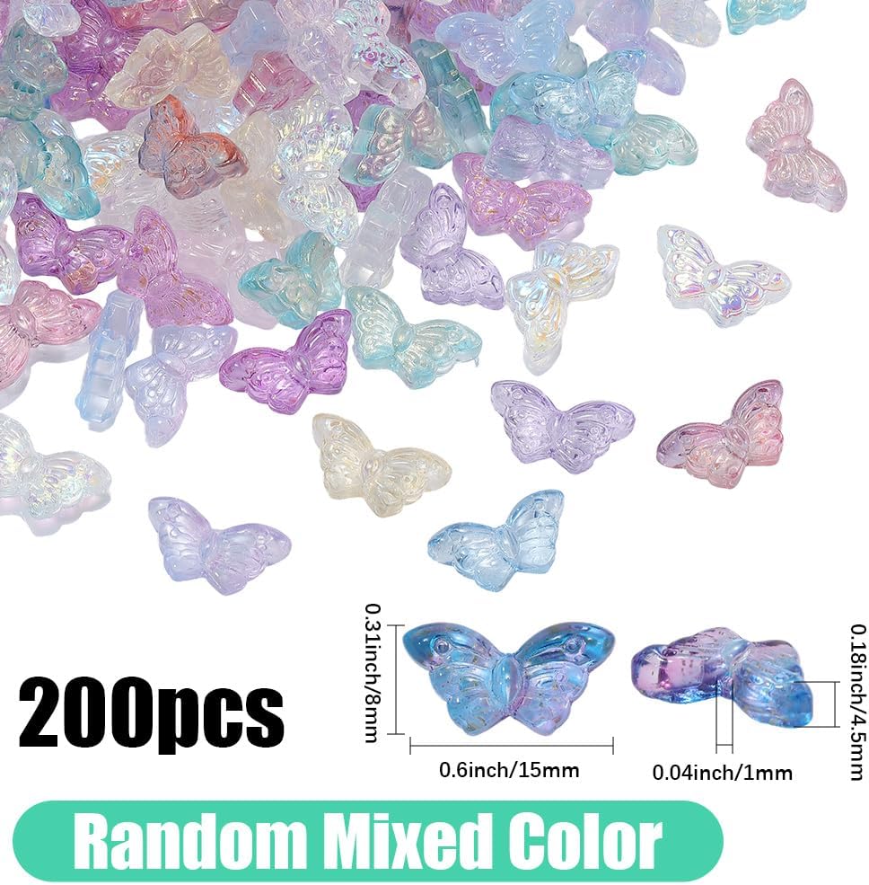8MM 200PCS Transparent Butterfly Beads with Holes Glass Colorful Spray Painted Clear Flying Insect Charm Loose Spacer Bead Bulk for Jewelry Making Bracelet Necklace Earring Diy Craft Supply - Image 2