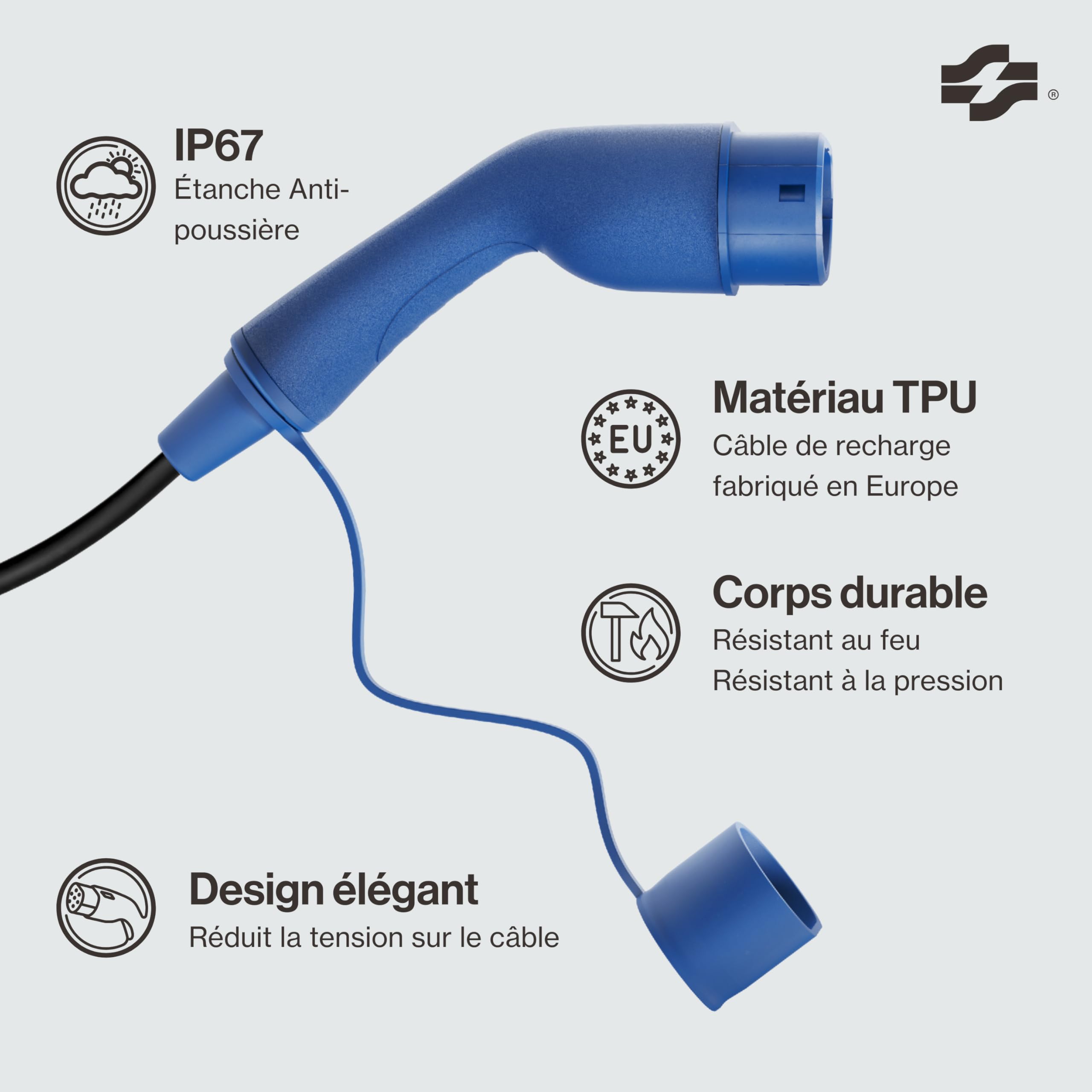 Câble de Charge VOLDT Type 2 Schuko 3,7 KW, monophasé, 8A - 16A, Chargeur EV réglable avec Affichage numérique contrôlable pour Voiture électrique (Length 5)