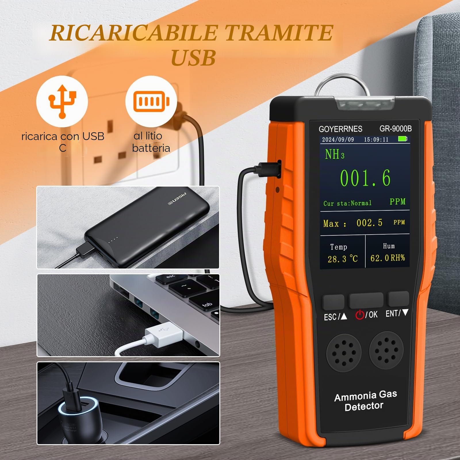 Rilevatore di gas ammoniaca Rilevatore di gas NH3 portatile con allarme Temperatura Umidità Sensore digitale per il monitoraggio continuo dell'ammoniaca Intervallo 0-100 PPM Schermo LCD Ricaricabile A