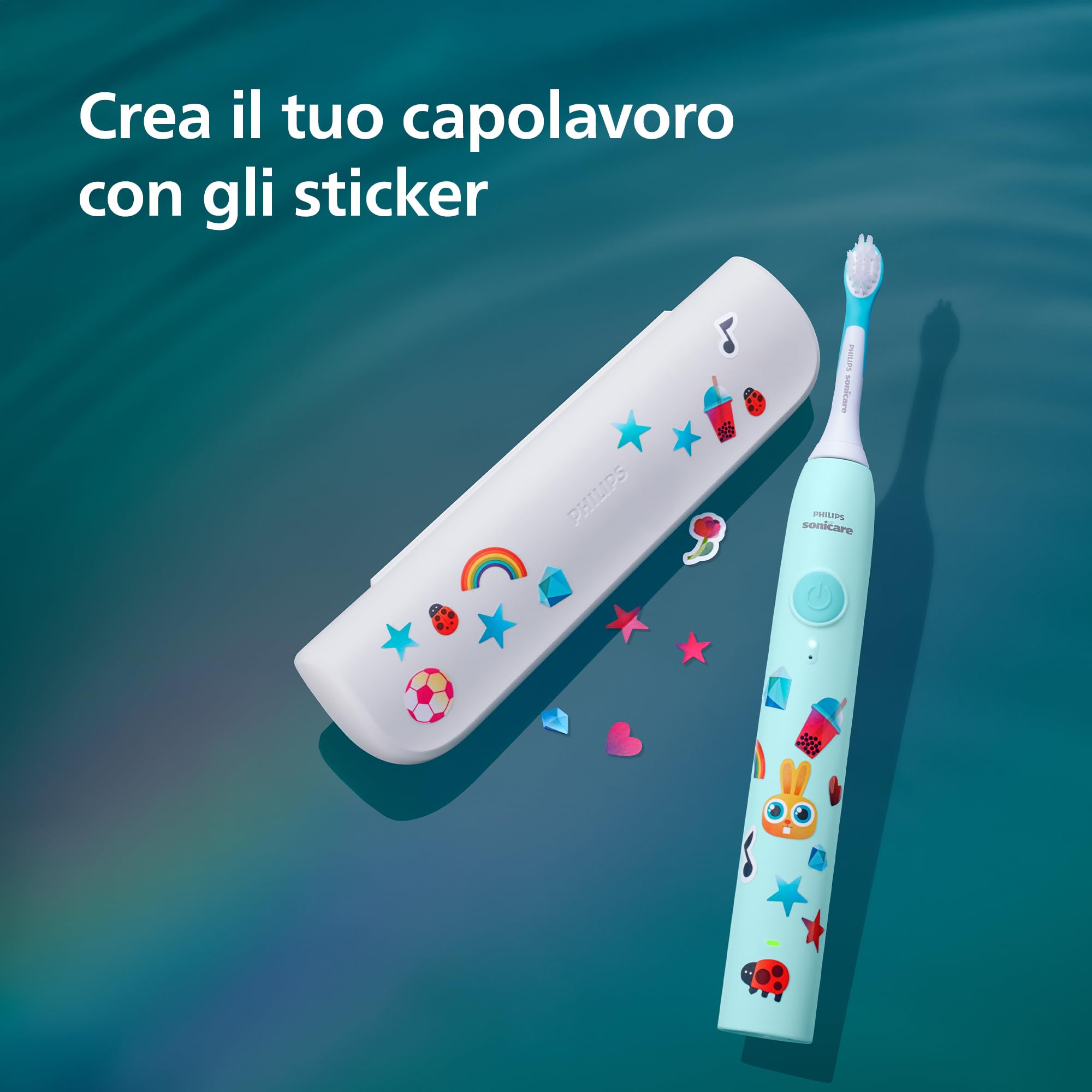 Spazzolino elettrico Philips Sonicare for Kids - Spazzolino sonico per bambini dai 3 anni in su, 2 modalità delicate, timer con audio da 2 minuti, 2 testine mini, verde acqua, modello HX6500/23