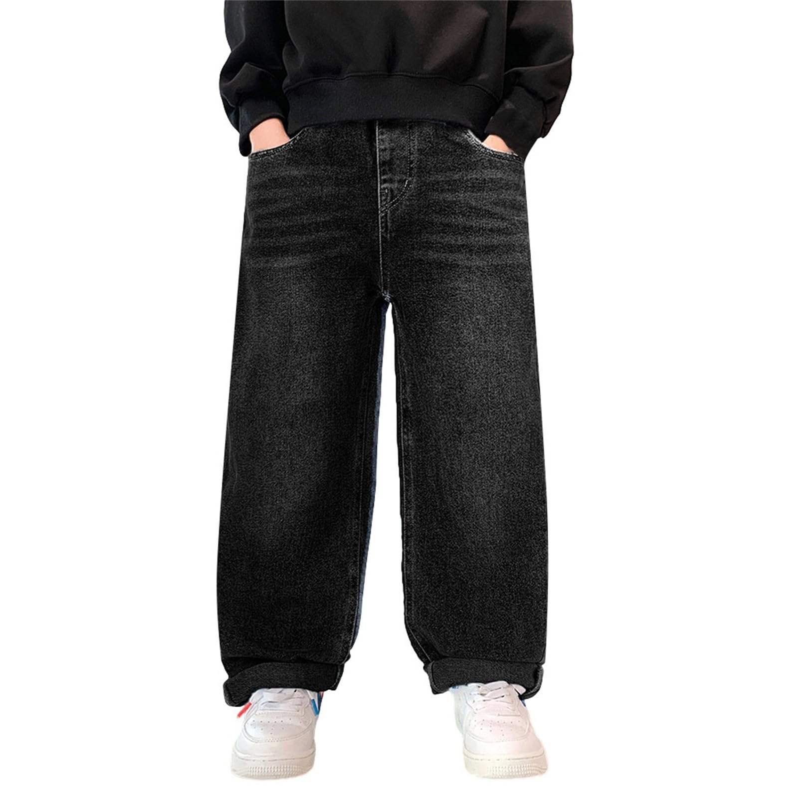 Jeans per ragazzi Pantaloni in denim foderati in pile Pantaloni dritti a gamba larga Pantaloni da scuola Vita elastica Jeans larghi per bambini Vintage Casual Streetwear