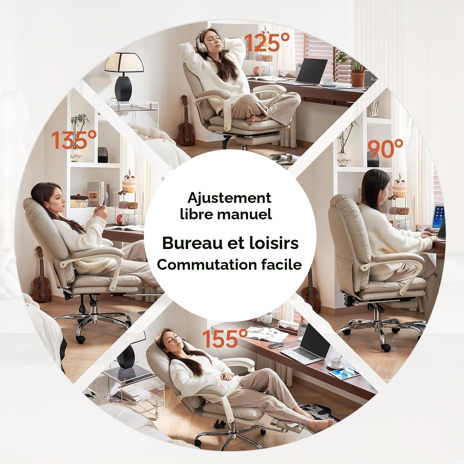 EMIAH Fauteuil de Bureau Ergonomique avec Repose-Pieds, Chaise de Bureau Inclinable en Cuir PU, Siège Pivotant Moderne Confortable avec roulettes, Chaise d'ordinateur Mi-Dossier pour la Maison, Beige