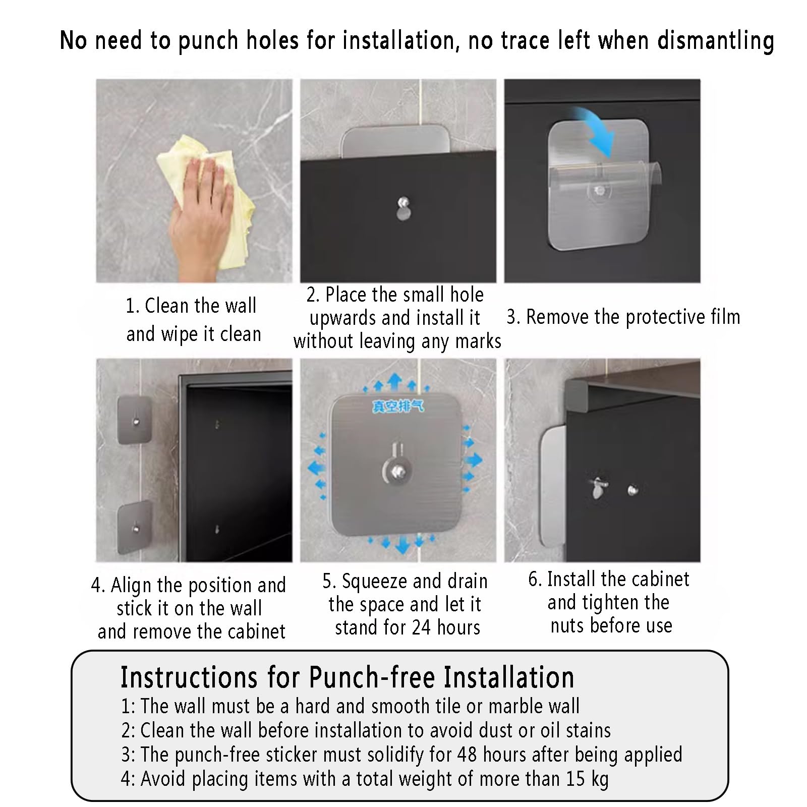 Vetrina da parete con ante e illuminazione, installazione senza trapano per cucina, bagno e sala da pranzo