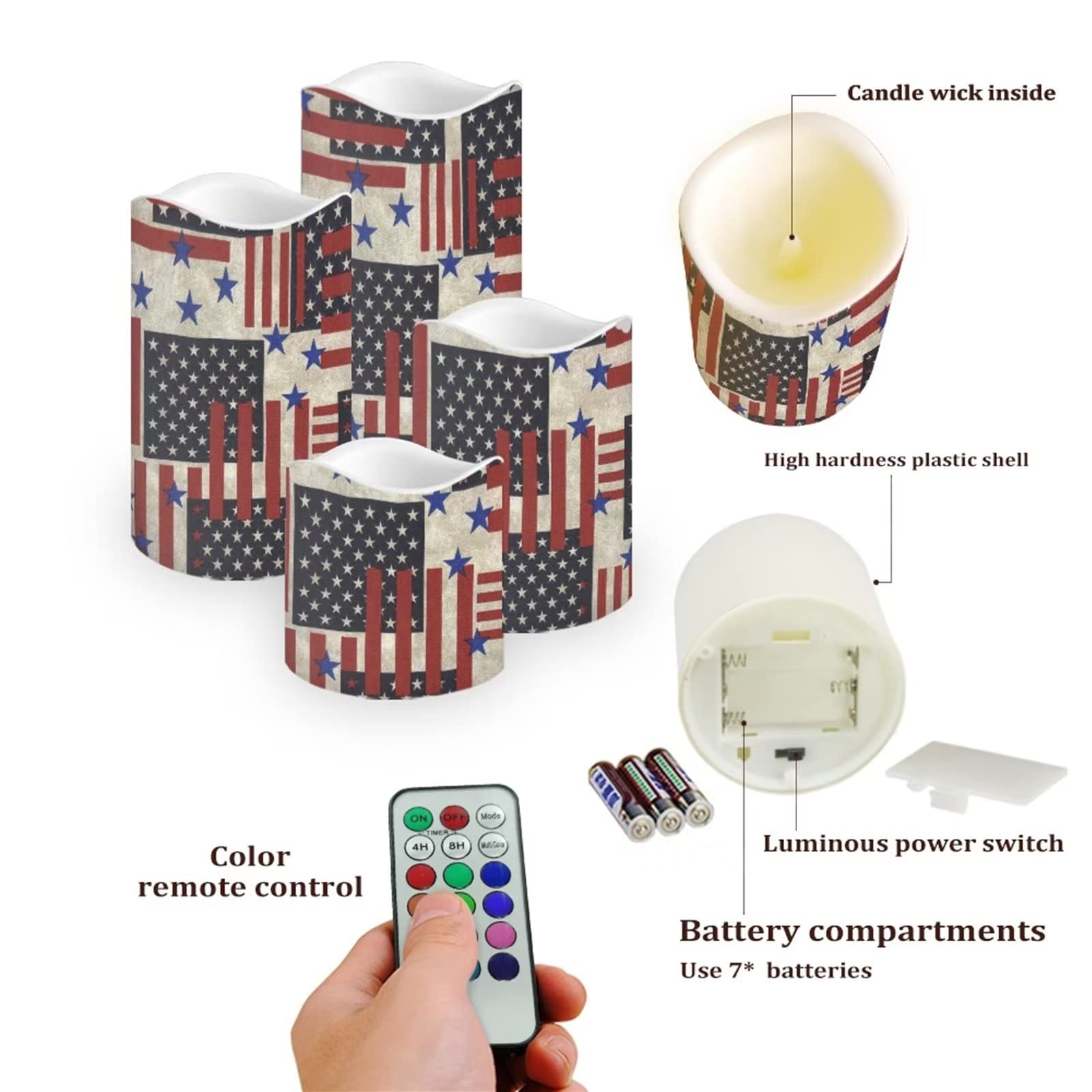 DISNIMO Velas LED sin llama con parpadeo de la bandera americana, velas de pilar de cera LED eléctricas para exteriores, para exteriores, decoración de festivales, etc