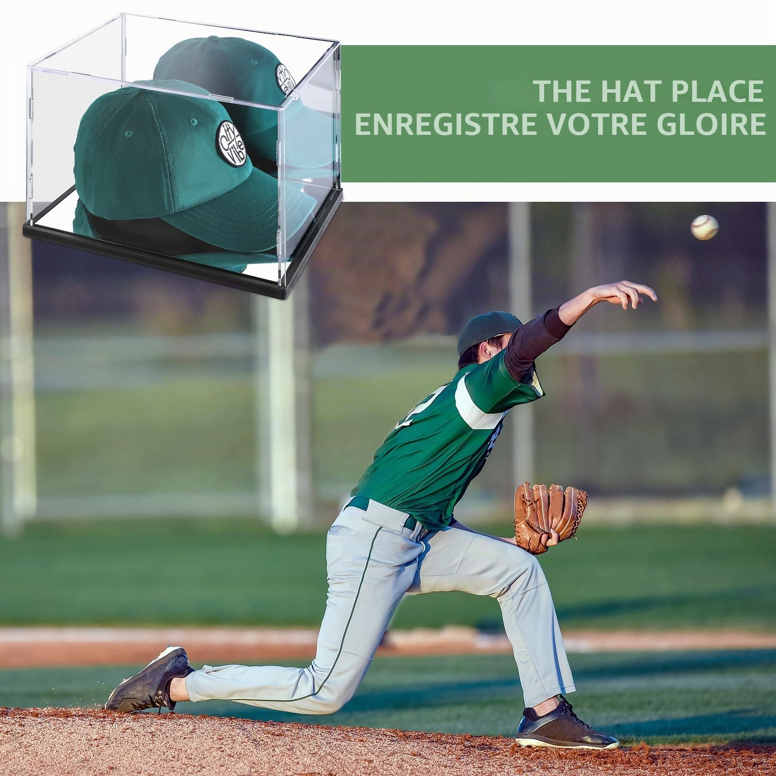 Support de présentation transparent pour casquette de baseball en acrylique transparent avec base en bois massif