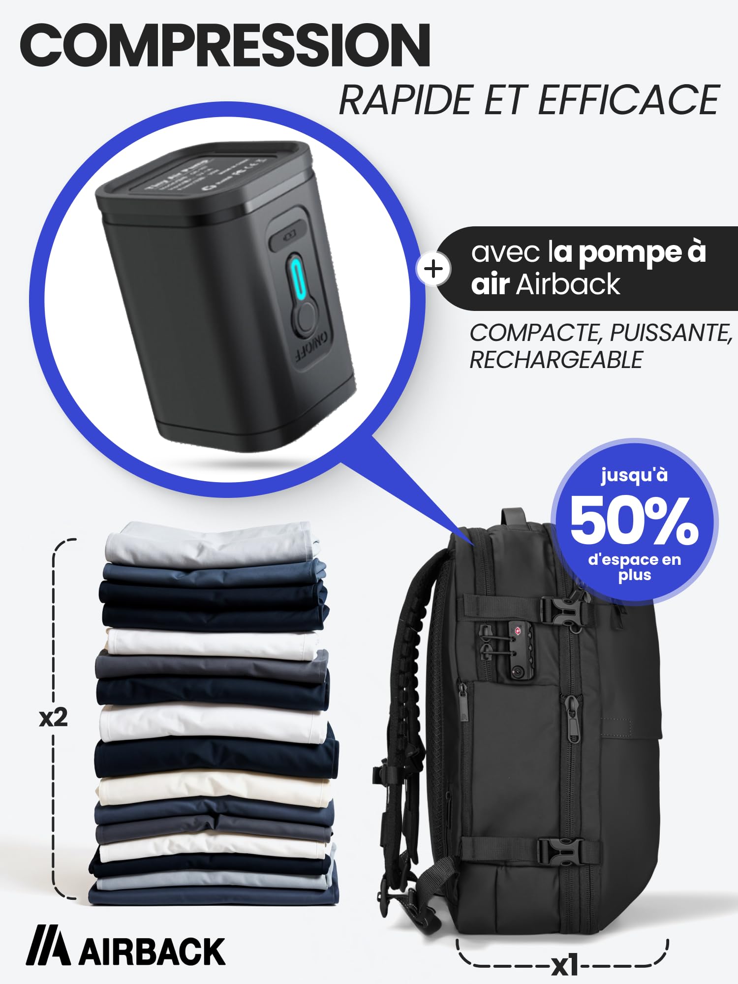 Airback Petite pompe à air, pompe électrique portable avec indicateur LED, noir