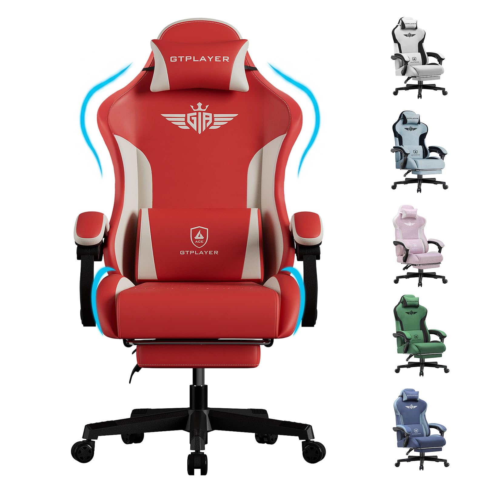 GTPLAYER Chaise Gaming Ergonomique, Fauteuil de Bureau avec Dossier Réglable et Élargi, Appuie-tête et Soutien Lombaire, Hauteur Réglable, Charge 150 kg, en Tissu Technique, Rouge