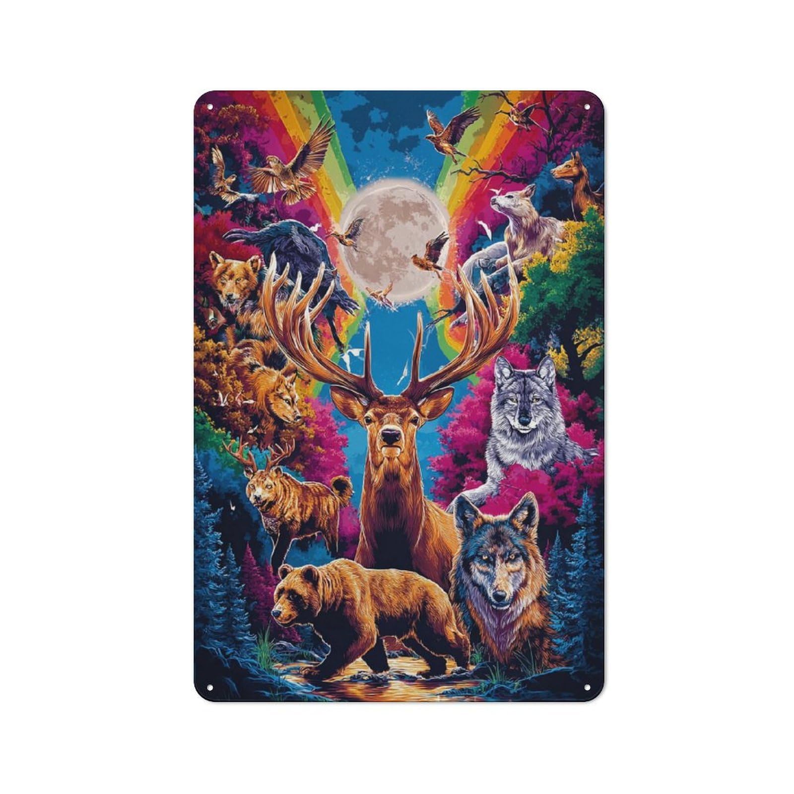 Junmoney Rainbow Forest Wildlife Gathering Decorative Tin Plaque With Design 30X20cm, Classic Novelty Wall Art For Flat, Dorm Room, Lounge Or Cafe