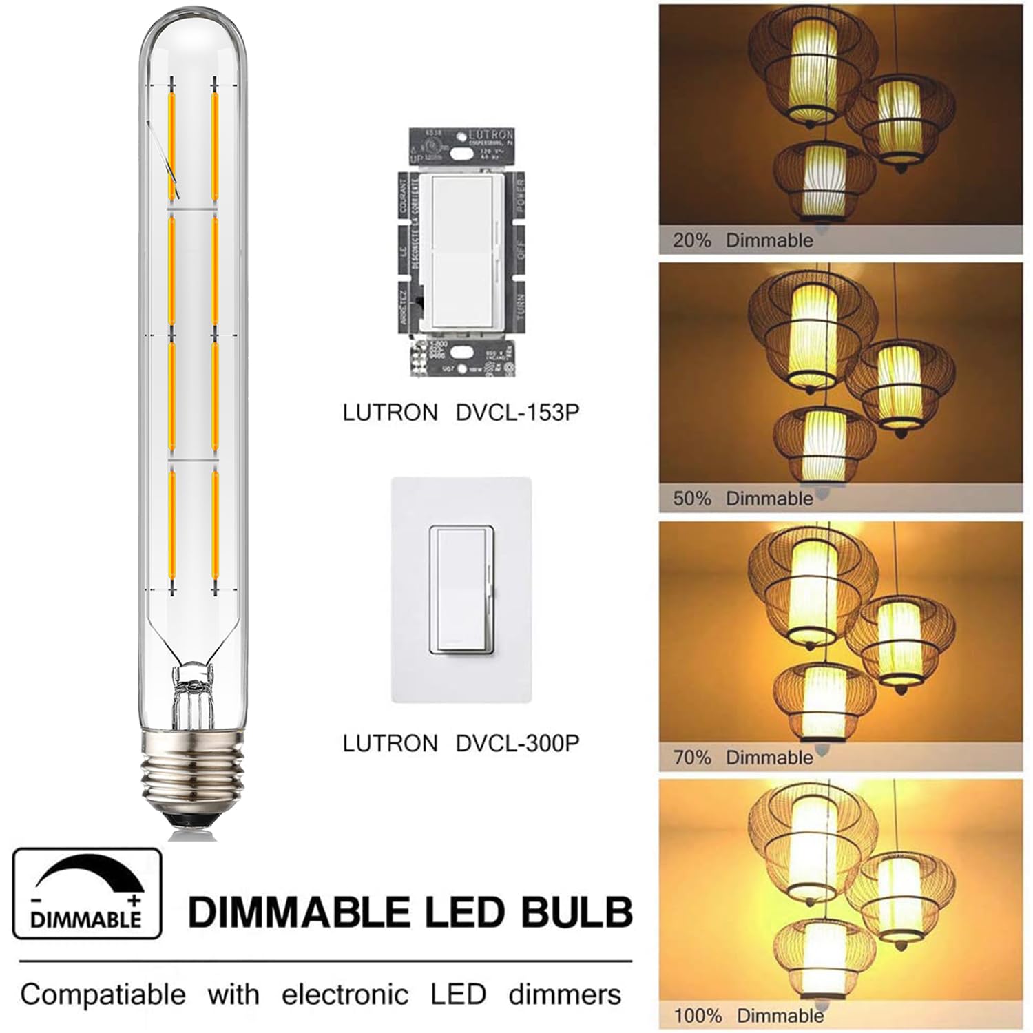 4-Pack Yfxrlight Dimmable LED Edison Bulbs, T10/T30 Tube, 8W (550-700LM), E26 Base, 2700K Warm White, Vintage/Retro Style-1356429