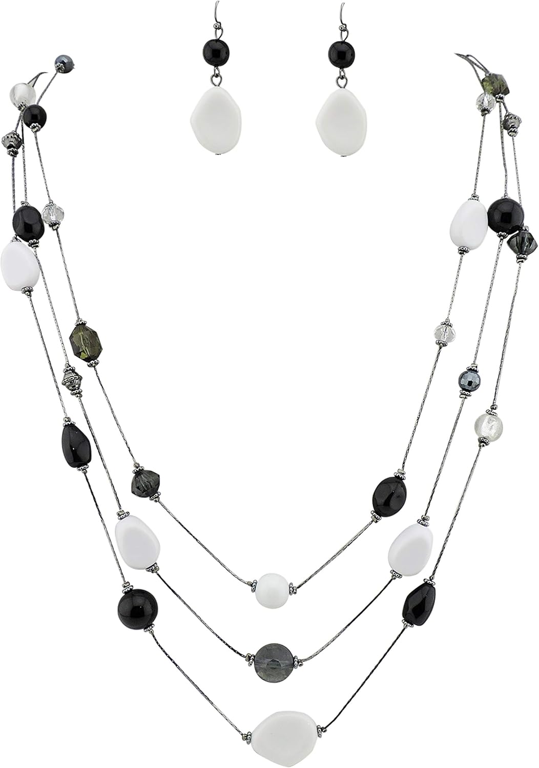 Coiris 3-Layer Illusion line Long Necklace Earrings Set Ladies Green Beads