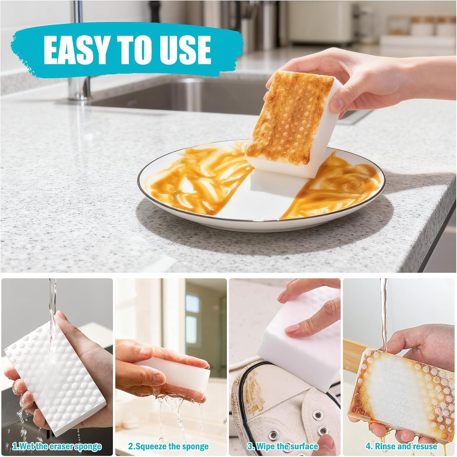 200 Pack Multi-Functional Melamine Sponges, 2X Density Cleaning Pads for Kitchen Dish, Bathroom, Walls & All Hard Surfaces, Non-Scratch for Tough Stains, Grease & Scuffs