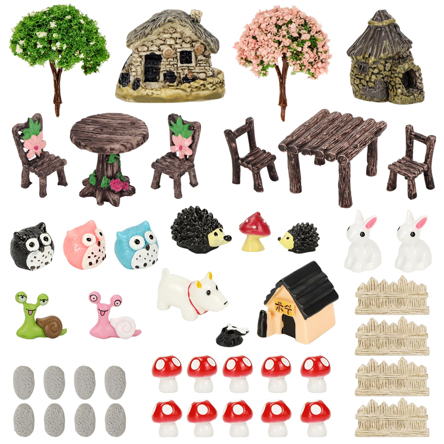 KKSTY 45 Pcs Miniature Fairy Garden Accessories Outdoor Ornaments Kit Mushroom Tree Owl Dwelling Mini Animals Figurines for Dollhouse Micro Landscape Plant Pot Bonsai Garden Home Decor